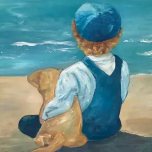 boy, dog, sand, sea