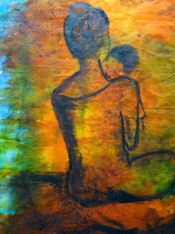 mixed media, mother and child, autumnal tones
