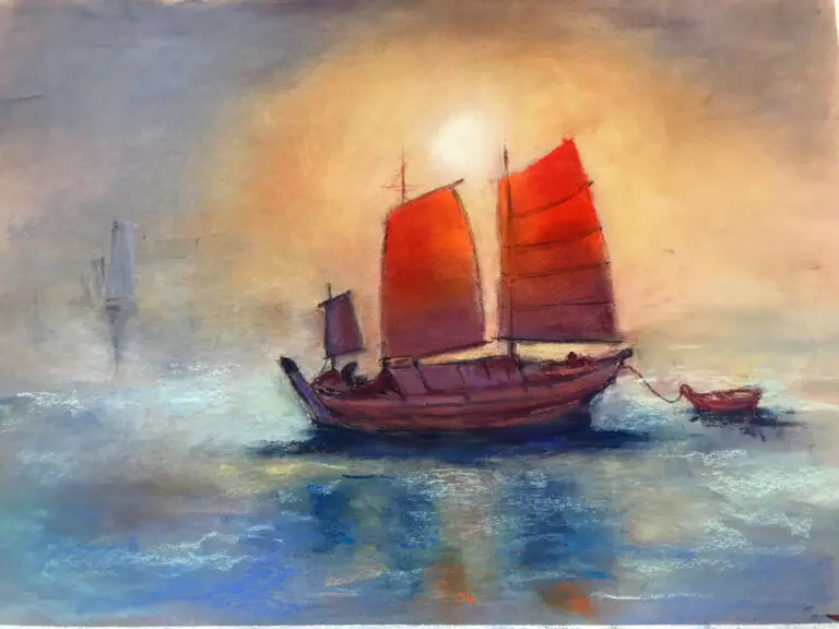 oriental boat, orange sails, sunset, pastel