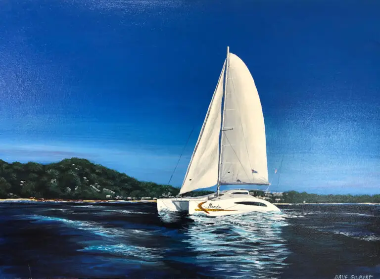 seascape, yacht, distant hills, white sails