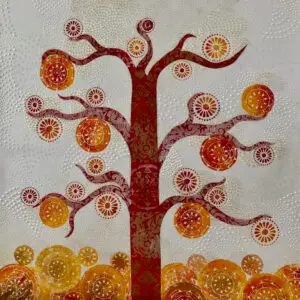 contemporary tree, orange circles, textured background