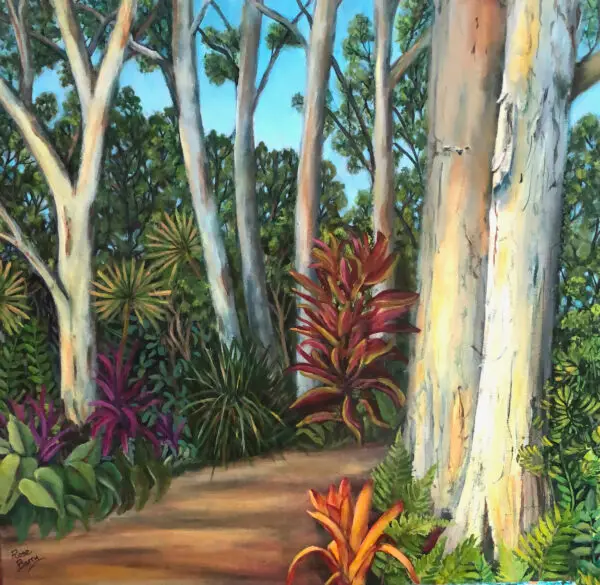 forest path, ferns, palms, tree trunks