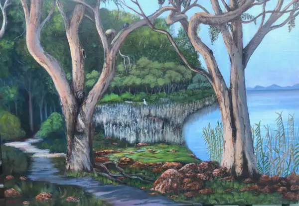 lake, trees, lake path, waterbird, heron, reeds
