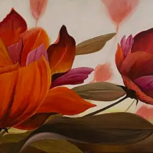 red flowers, leaves, flowing artwork, pink background