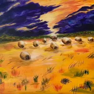 contemporary, orange, hay bales, landscape, farmland