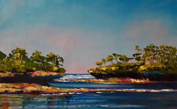 seascape of a headland with trees on either side, acrylic painting