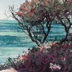 watercolour seascape painting of coastal trees on dunes