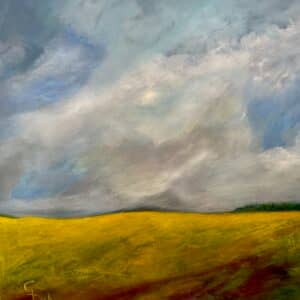 Canola fields beneath a stormy sky, rural landscape, acrylic