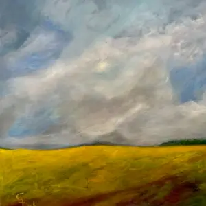 Canola fields beneath a stormy sky, rural landscape, acrylic