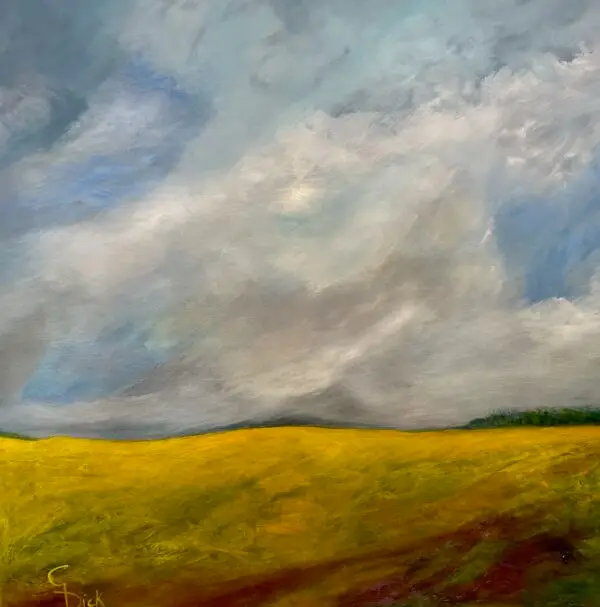 Canola fields beneath a stormy sky, rural landscape, acrylic