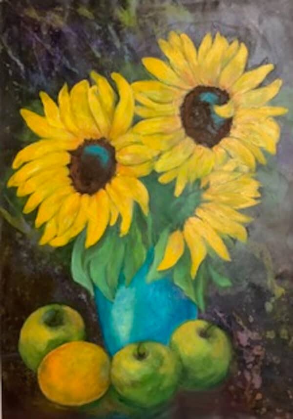 sunflowers, acrylic, botanical art, fruit