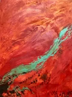 Abstract, red, green streak, acrylic