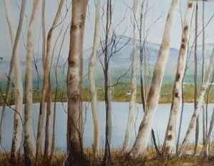 watercolour, landscape, unframed, trees, lake