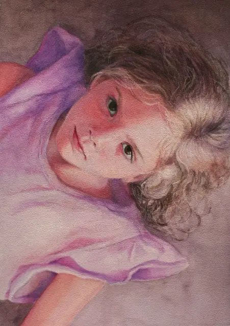 watercolour portrait, head and shoulders of a girl in a pink dress