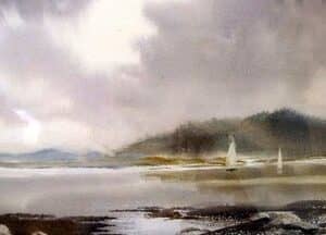 landscape, yachts, watercolour