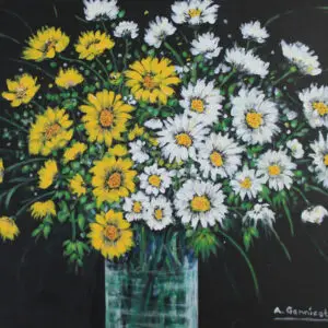 daisies, still life, yellow daisies, white daisies, flowers in a vase