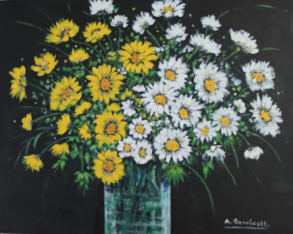 daisies, still life, yellow daisies, white daisies, flowers in a vase