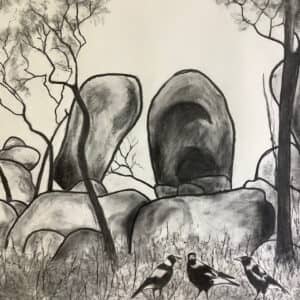 Rocks, oil print, magpies, black & white