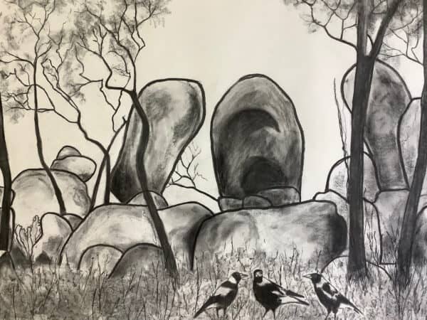 Rocks, oil print, magpies, black & white