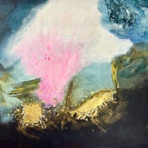 abstract, gold leaf, dark background, explosion of pink and white