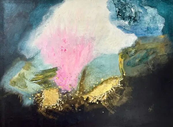 abstract, gold leaf, dark background, explosion of pink and white