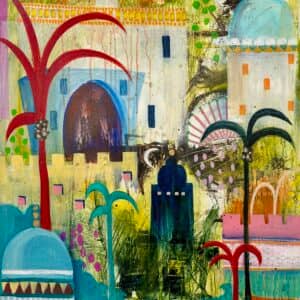 Moroccan scene, Moroccan houses, palm trees