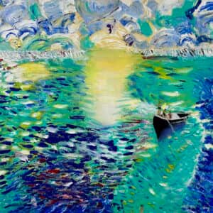 seascape, boating, rowing boat, abstract sea, abstract land, blue, green