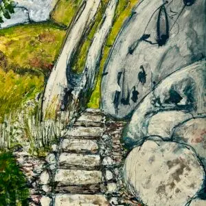 rural scene, stone stairs, rocks, trees trunks