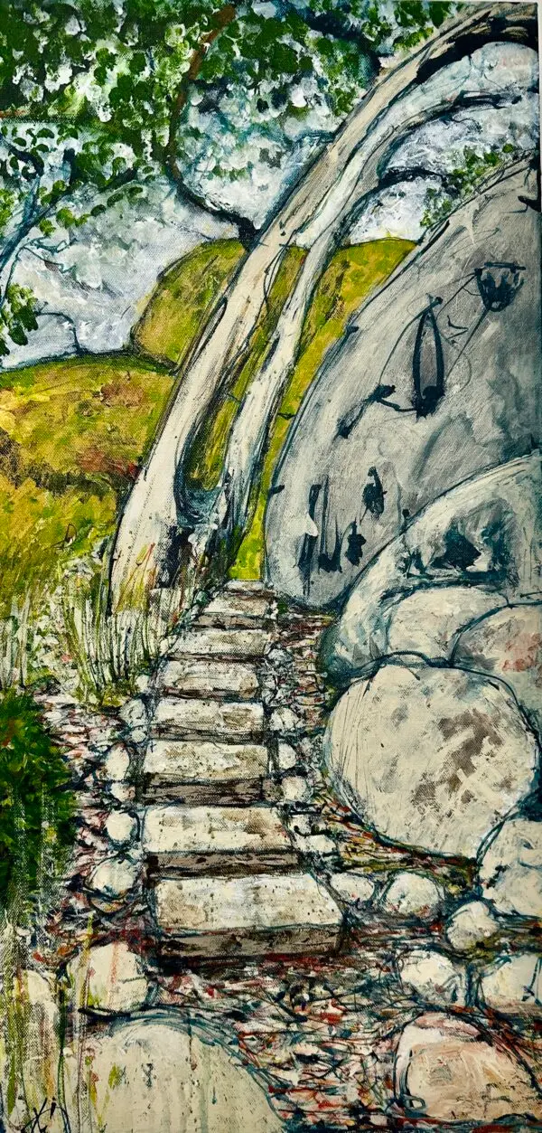 rural scene, stone stairs, rocks, trees trunks