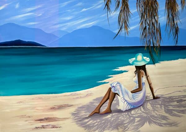 sand, sea, lady in a sun hat, distant mountains, palm tree