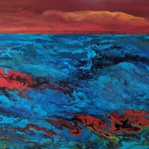 seascape, red shoreline, rough sea, red, blue, orange sky