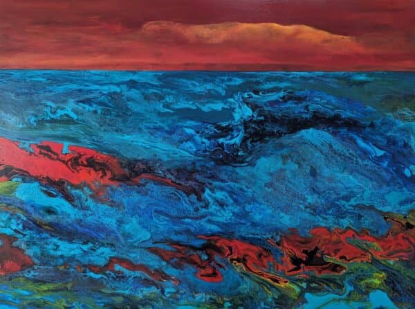 seascape, red shoreline, rough sea, red, blue, orange sky